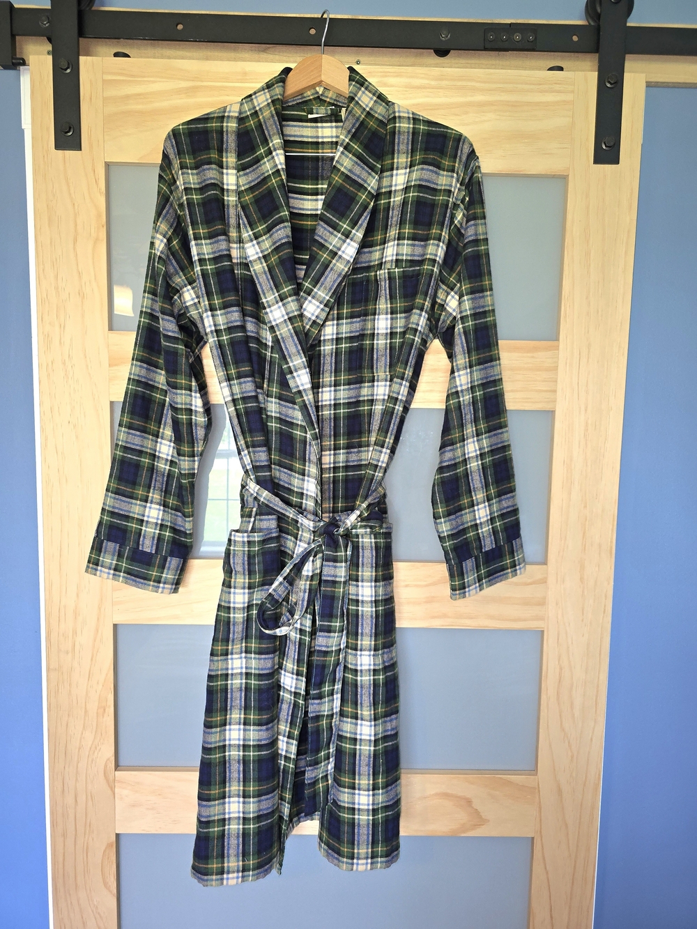 L.L. Bean Scotch Plaid Cotton Robe in Green and Blue